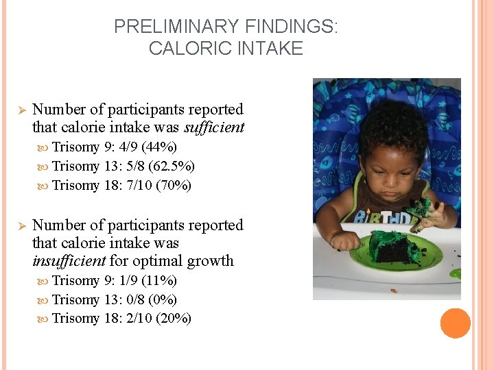 PRELIMINARY FINDINGS: CALORIC INTAKE Ø Number of participants reported that calorie intake was sufficient