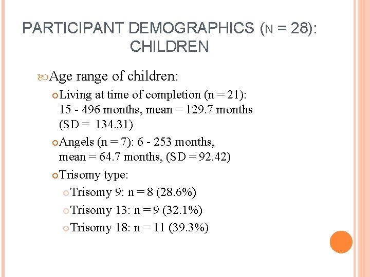 PARTICIPANT DEMOGRAPHICS (N = 28): CHILDREN Age range of children: Living at time of