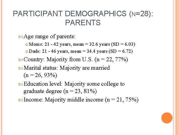 PARTICIPANT DEMOGRAPHICS (N=28): PARENTS Age range of parents: Moms: 21 - 42 years, mean
