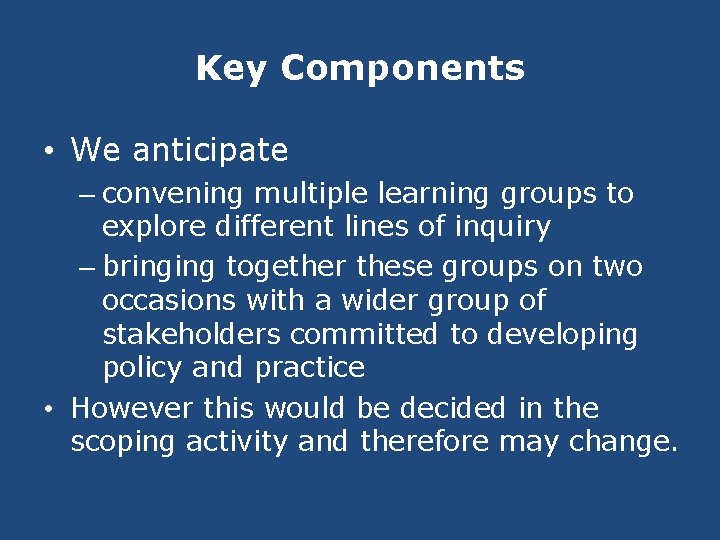 Key Components • We anticipate – convening multiple learning groups to explore different lines