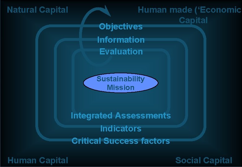 Natural Capital Human made (‘Economic’ Capital Objectives Information Evaluation Sustainability Mission Integrated Assessments Indicators Natural Capital Human made (‘Economic’ Capital Objectives Information Evaluation Sustainability Mission Integrated Assessments Indicators