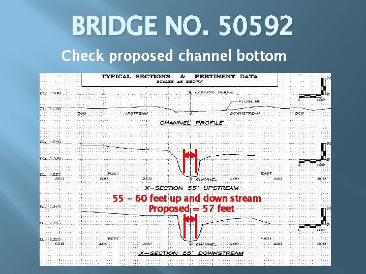 BRIDGE NO. 50592 Check proposed channel bottom 55 - 60 feet up and down