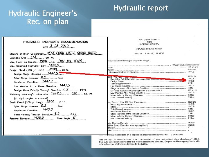 Hydraulic Engineer’s Rec. on plan Hydraulic report 
