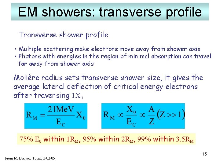 EM showers: transverse profile Transverse shower profile • Multiple scattering make electrons move away