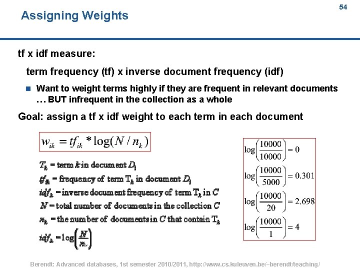 Assigning Weights 54 tf x idf measure: term frequency (tf) x inverse document frequency