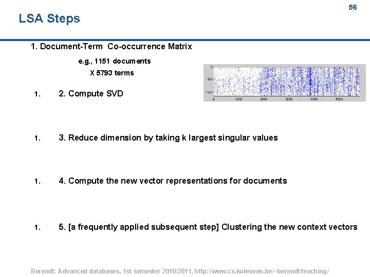 56 LSA Steps 1. Document-Term Co-occurrence Matrix e. g. , 1151 documents X 5793