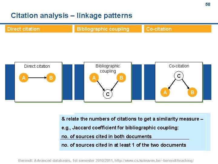 58 Citation analysis – linkage patterns Direct citation Bibliographic coupling Direct citation A B