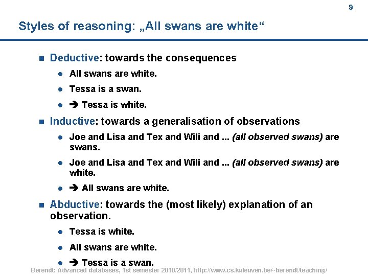 9 Styles of reasoning: „All swans are white“ n n n Deductive: towards the