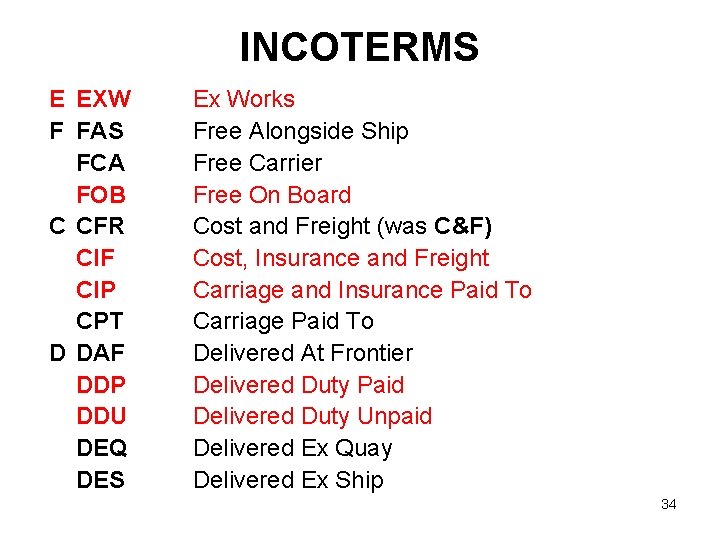 INCOTERMS E EXW F FAS FCA FOB C CFR CIF CIP CPT D DAF