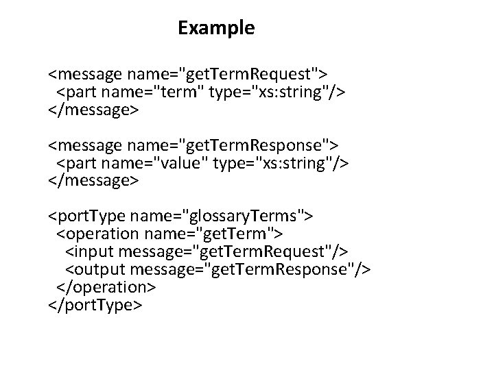 Example <message name="get. Term. Request"> <part name="term" type="xs: string"/> </message> <message name="get. Term. Response">
