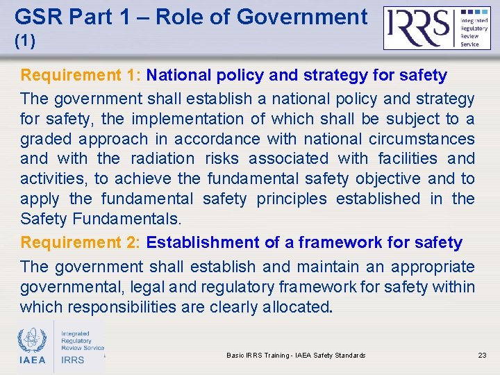 GSR Part 1 – Role of Government (1) Requirement 1: National policy and strategy