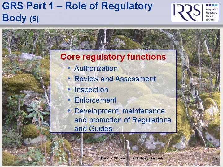 GRS Part 1 – Role of Regulatory Body (5) Core regulatory functions • Authorization