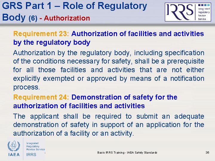 GRS Part 1 – Role of Regulatory Body (6) - Authorization Requirement 23: Authorization