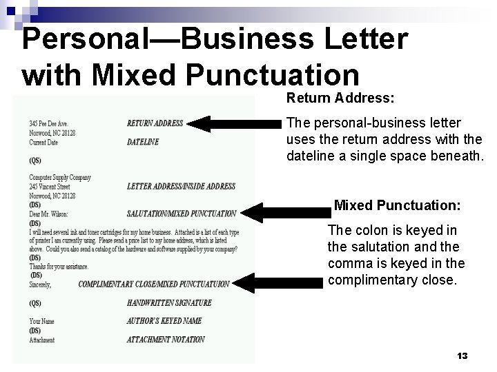 Personal—Business Letter with Mixed Punctuation Return Address: The personal-business letter uses the return address