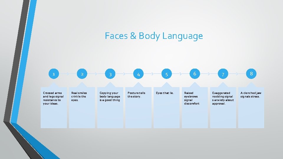 Faces & Body Language 1 Crossed arms and legs signal resistance to your ideas.
