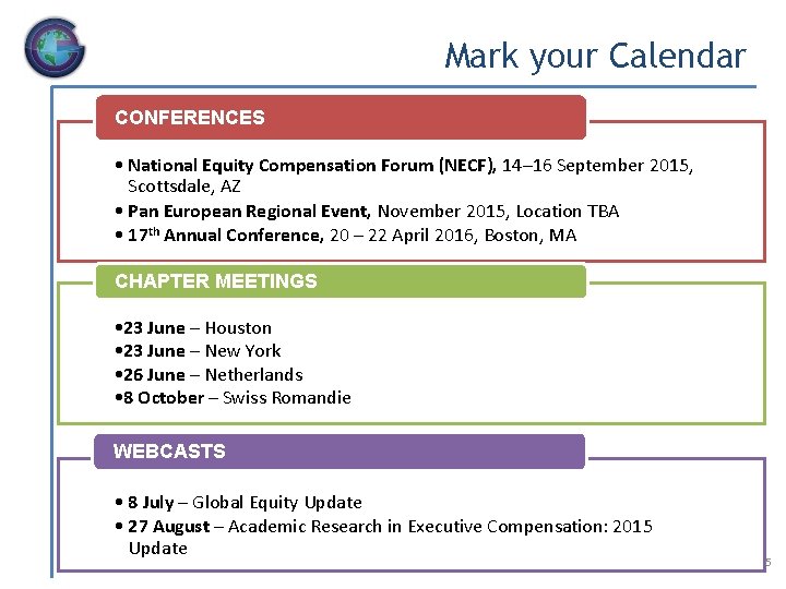 Mark your Calendar CONFERENCES • National Equity Compensation Forum (NECF), 14– 16 September 2015,