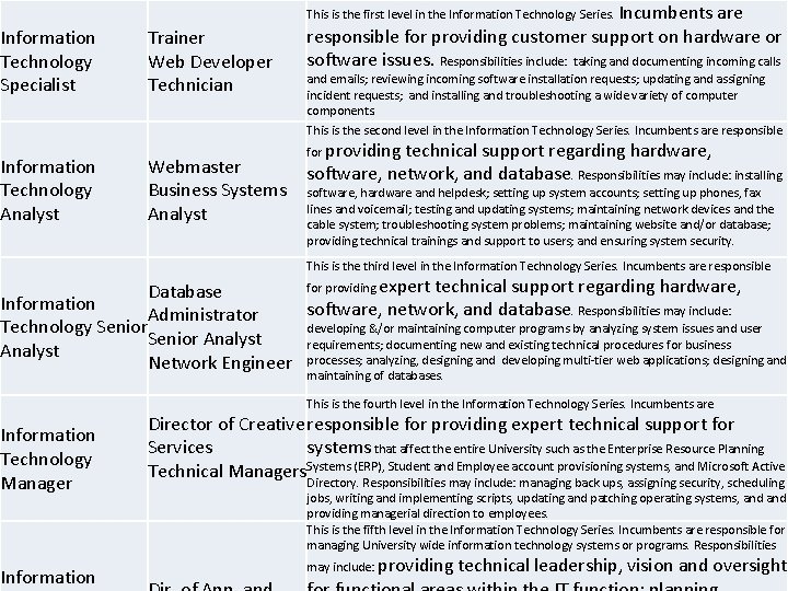 This is the first level in the Information Technology Series. Incumbents Information Technology Specialist