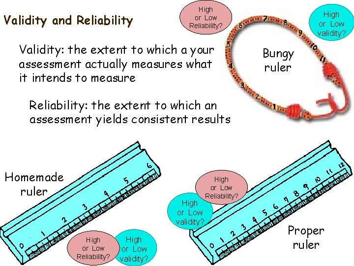 Validity and Reliability High or Low Reliability? Validity: the extent to which a your