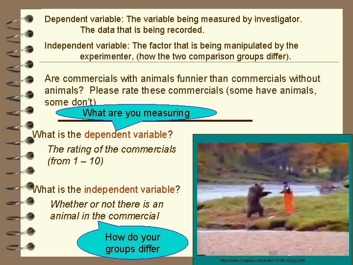 Dependent variable: The variable being measured by investigator. The data that is being recorded.