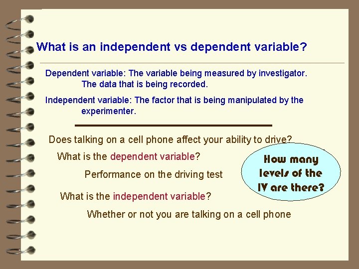 What is an independent vs dependent variable? Dependent variable: The variable being measured by