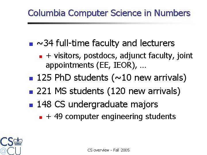 Columbia Computer Science in Numbers n ~34 full-time faculty and lecturers n n +