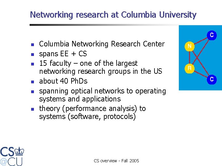 Networking research at Columbia University n n n Columbia Networking Research Center spans EE
