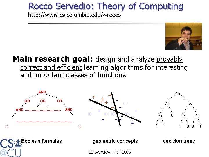 Rocco Servedio: Theory of Computing http: //www. cs. columbia. edu/~rocco Main research goal: design