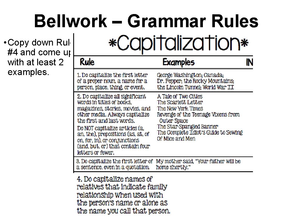 Bellwork – Grammar Rules • Copy down Rule #4 and come up with at