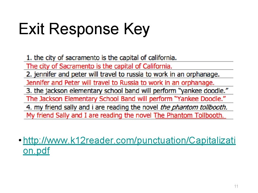 Exit Response Key • http: //www. k 12 reader. com/punctuation/Capitalizati on. pdf 11 