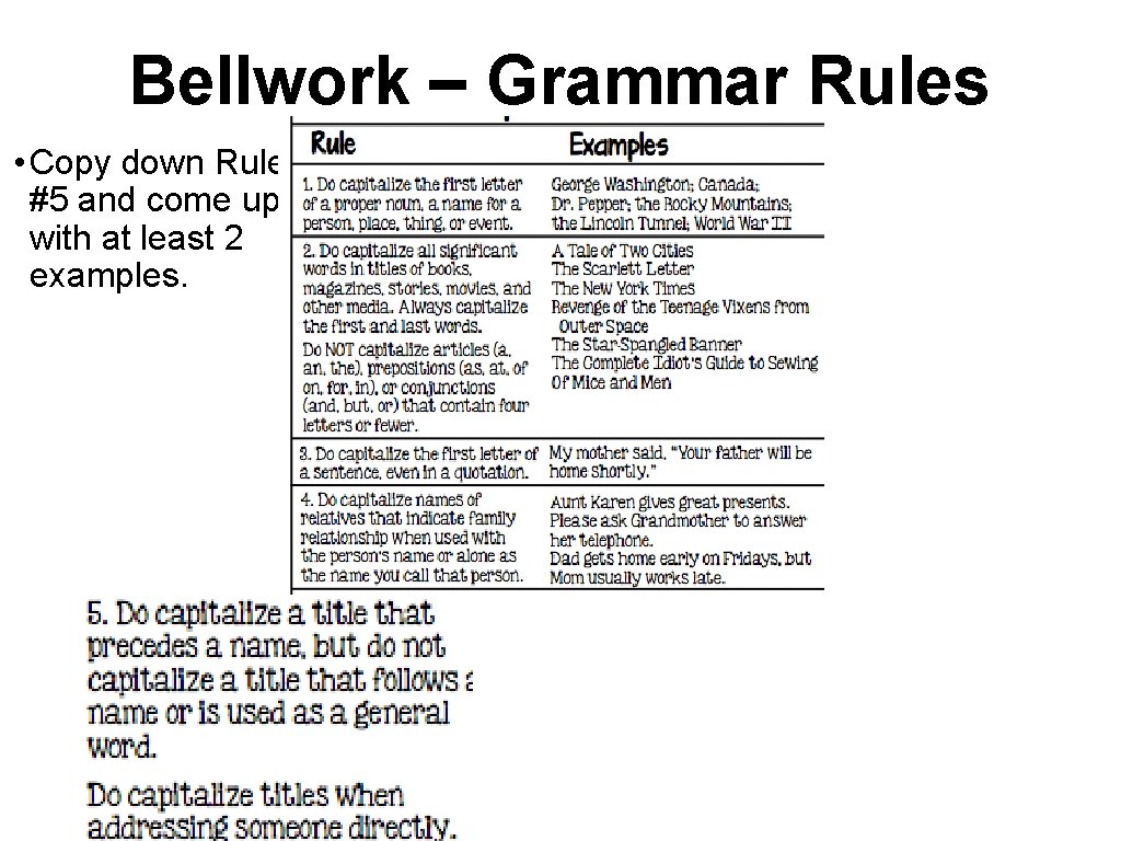 Bellwork – Grammar Rules • Copy down Rule #5 and come up with at