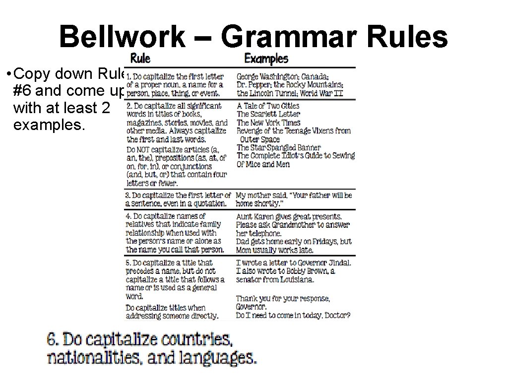 Bellwork – Grammar Rules • Copy down Rule #6 and come up with at