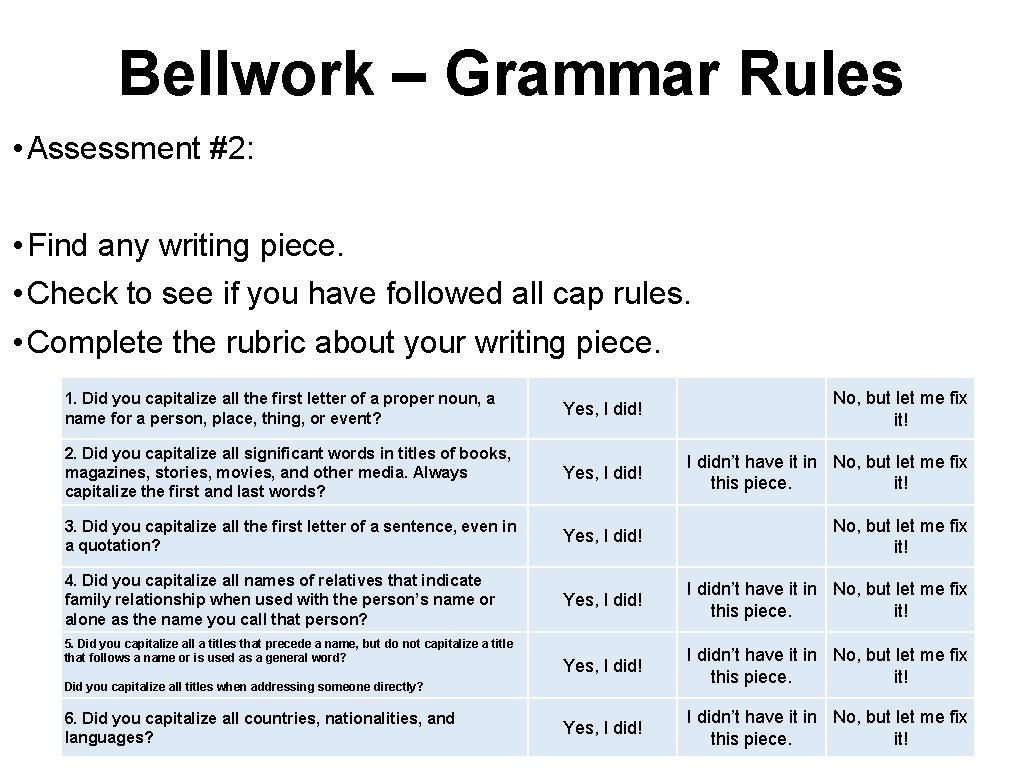 Bellwork – Grammar Rules • Assessment #2: • Find any writing piece. • Check