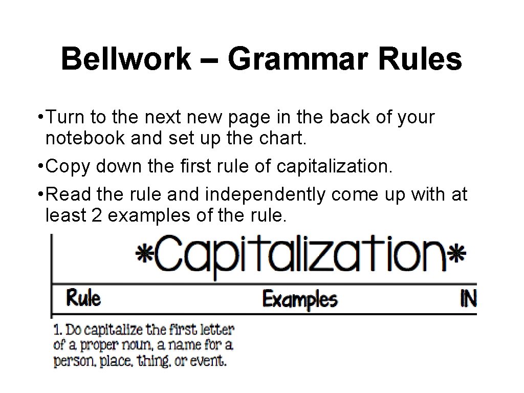 Bellwork – Grammar Rules • Turn to the next new page in the back