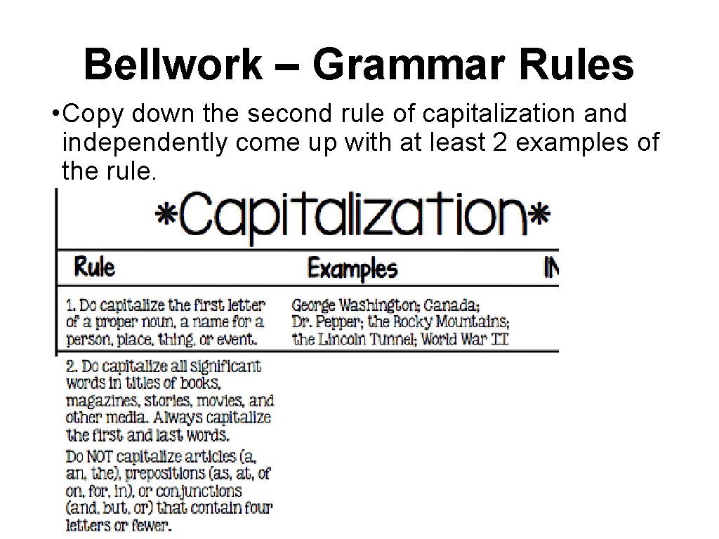 Bellwork – Grammar Rules • Copy down the second rule of capitalization and independently