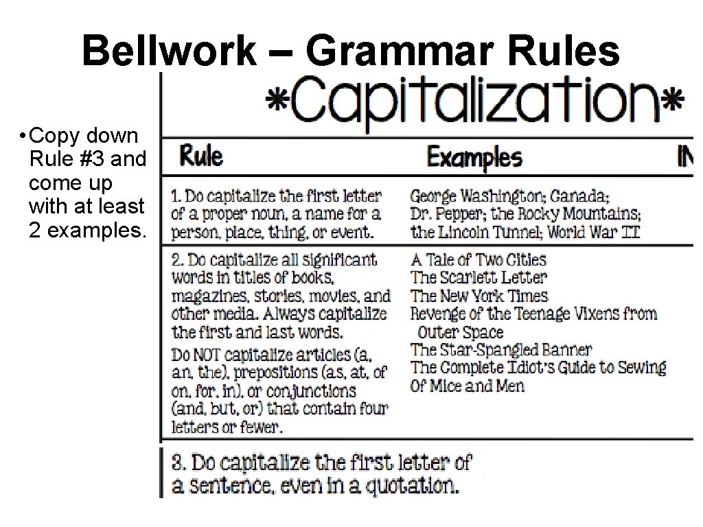 Bellwork – Grammar Rules • Copy down Rule #3 and come up with at