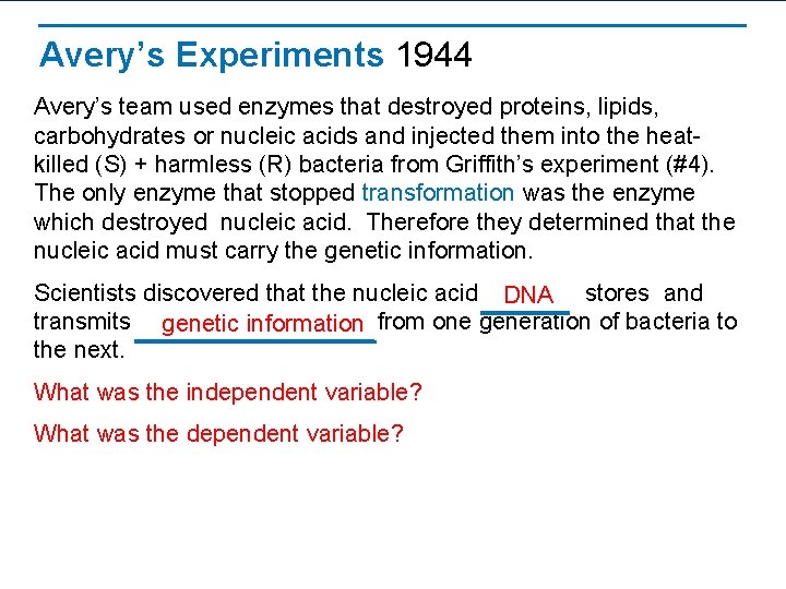 Avery’s Experiments 1944 Avery’s team used enzymes that destroyed proteins, lipids, carbohydrates or nucleic