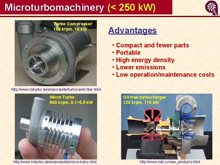  Microturbomachinery (< 250 k. W) Turbo Compressor 100 krpm, 10 k. W Advantages