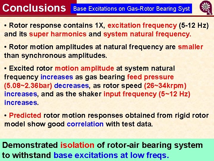 Conclusions Base Excitations on Gas-Rotor Bearing Syst • Rotor response contains 1 X, excitation
