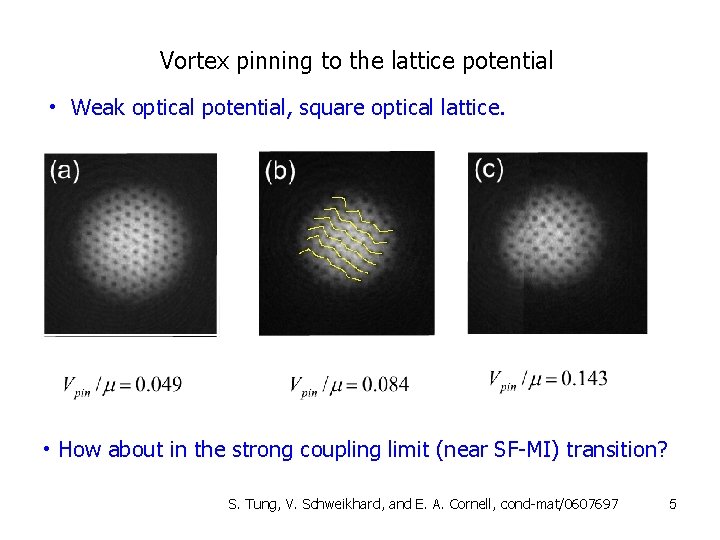 Vortex pinning to the lattice potential • Weak optical potential, square optical lattice. •