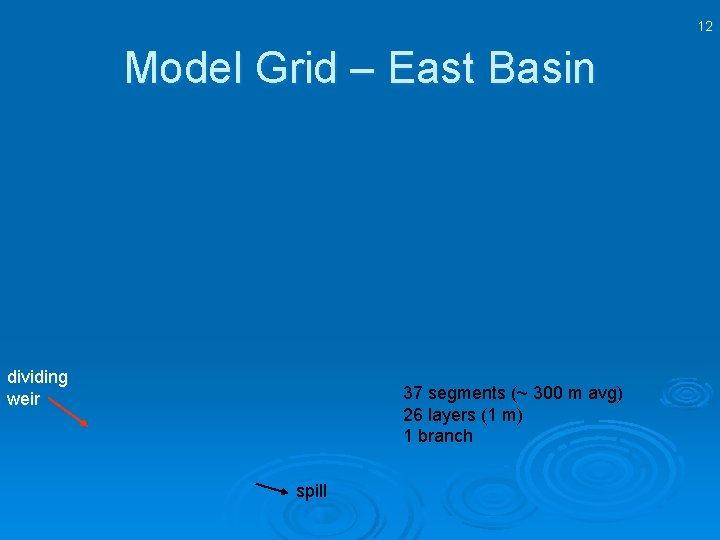 12 Model Grid – East Basin dividing weir 37 segments (~ 300 m avg)
