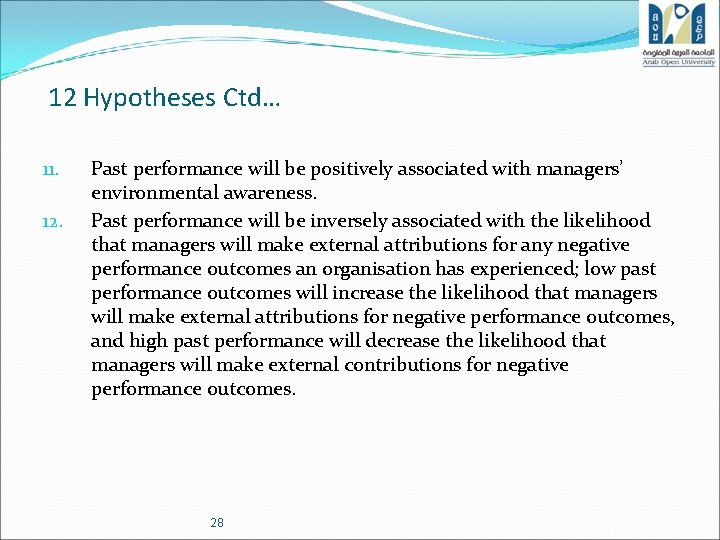 12 Hypotheses Ctd… 11. 12. Past performance will be positively associated with managers’ environmental
