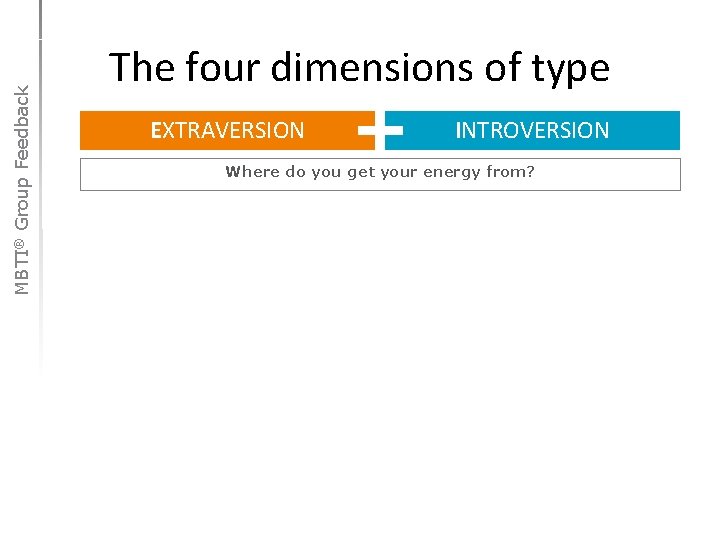 MBTI® Group Feedback The four dimensions of type EXTRAVERSION INTROVERSION Where do you get