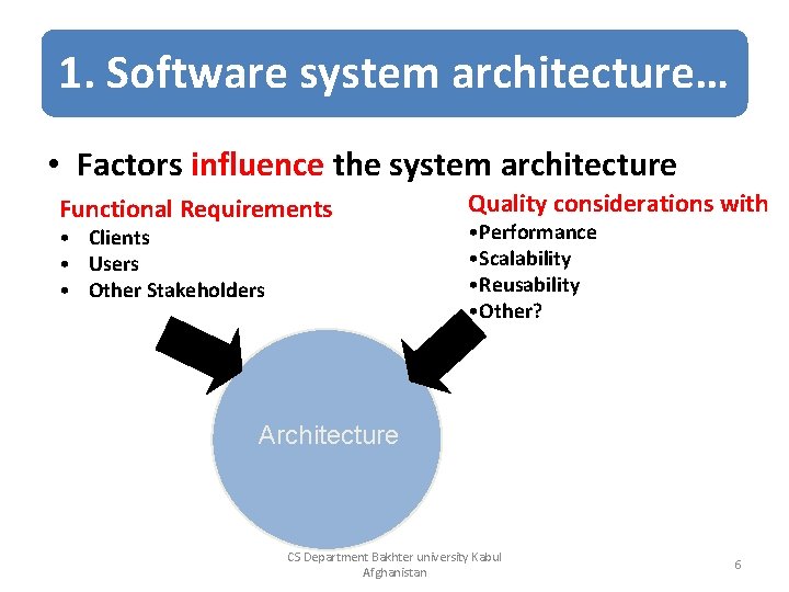 1. Software system architecture… • Factors influence the system architecture Functional Requirements • Clients