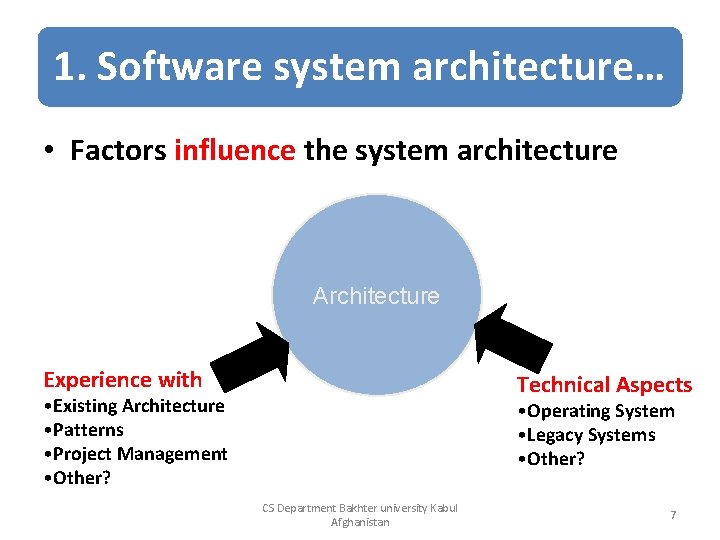 1. Software system architecture… • Factors influence the system architecture Architecture Experience with Technical