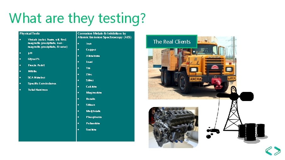 What are they testing? Physical Tests Visuals (color, foam, oil, fuel, magnetic precipitate, nonmagnetic