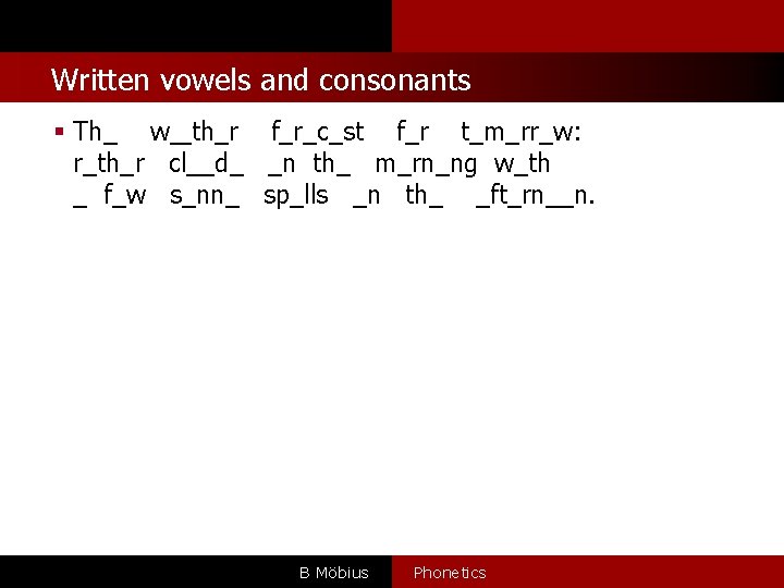 Written vowels and consonants § Th_ w__th_r f_r_c_st f_r t_m_rr_w: r_th_r cl__d_ _n th_