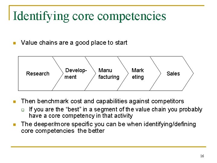 Identifying core competencies n Value chains are a good place to start Research n