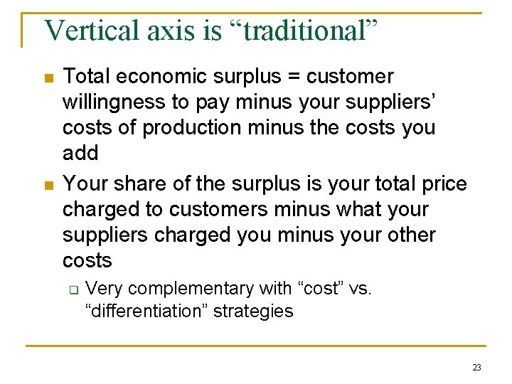 Vertical axis is “traditional” n n Total economic surplus = customer willingness to pay