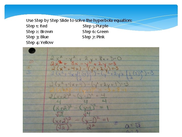 Use Step by Step Slide to solve the hyperbola equation: Step 1: Red Step