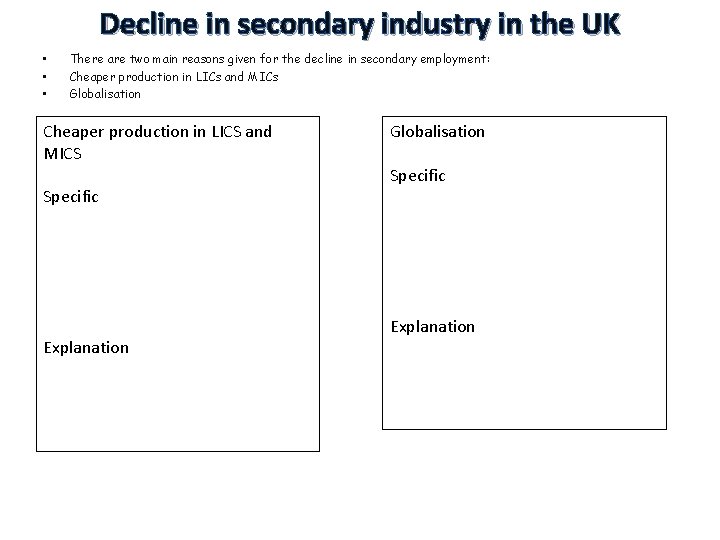 Decline in secondary industry in the UK • • • There are two main